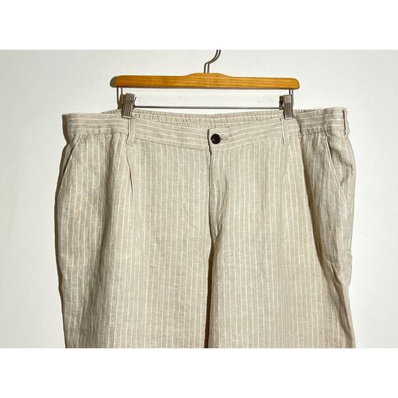 Lands End Plus NWT Tan Stripe High Rise Wide Leg 100% Linen Pleated Pants 22 W - Picture 2 of 9
